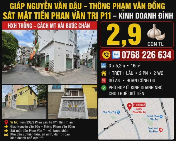 Bán Nhà riêng 16m² thổ cư 16m² giá 2.9 tỷ tại Đường Phan Văn Trị Phường 11 Quận Bình Thạnh TP. Hồ Chí Minh
