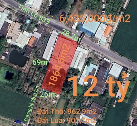 Bán Đất 1865m² thổ cư 962m² giá 12 tỷ tại Đường Đt 833 Xã Bình Tịnh Huyện Tân Trụ Long An