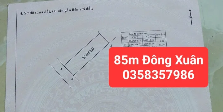 Bán Đất 85m² thổ cư 85m² giá 3.3 tỷ tại Xã Đông Xuân Huyện Sóc Sơn Hà Nội
