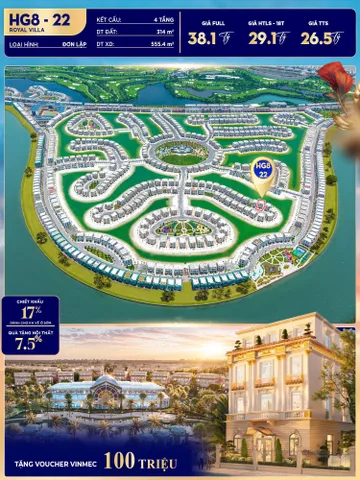 Bán biệt thự dát vàng Hoàng Gia HG8-22  314m² giá 26.5 tỷ Vinhomes Vũ Yên.