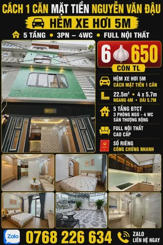🍀 NGUYỄN VĂN ĐẬU, PHƯỜNG 3, PHÚ NHUẬN. CÁCH MẶT TIỀN 1 CĂN. HẺM XE HƠI 5M. 5 TẦNG. 3PN. 6.65 🧄 📱 0768 226 634
