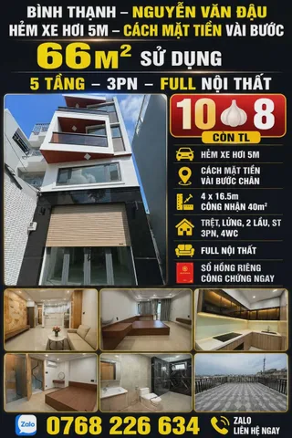 🍀 BÌNH THẠNH, NGUYỄN VĂN ĐẬU, HẺM XE HƠI 5M THÔNG, CÁCH MẶT TIỀN VÀI BƯỚC, 66M² SỬ DỤNG, 5 TẦNG, 3PN, FULL NỘI THẤT, 💰10🧄8