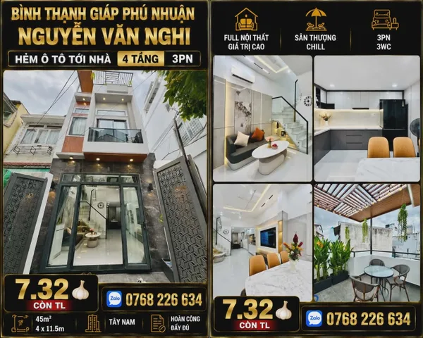 🍀 BÌNH THẠNH GIÁP PHÚ NHUẬN, NGUYỄN VĂN NGHI, HẺM Ô TÔ TỚI NHÀ, 4 TẦNG 3PN 💰 7.32 🧄 📱 0768 226 634