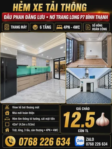HẺM XE TẢI THÔNG • ĐẦU PHAN ĐĂNG LƯU • NƠ TRANG LONG P7 BÌNH THẠNH • THANG MÁY • 6 TẦNG • 4PN • 💰 12.5🧄 • 📱 0768 226 634