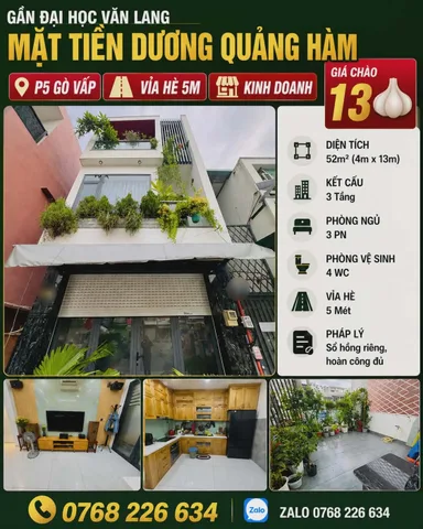🏡 GẦN ĐẠI HỌC VĂN LANG, MẶT TIỀN DƯƠNG QUẢNG HÀM, P5 GÒ VẤP, VỈA HÈ 5M, 💰 13🧄, 📱 0768 226 634