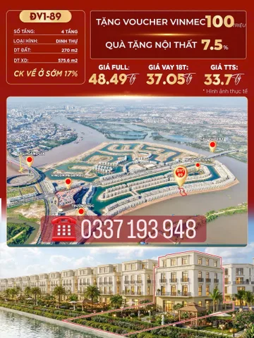 Bán dinh thự ven sông Đảo Vua ĐV1-89 Vinhomes Vũ Yên Hải Phòng.