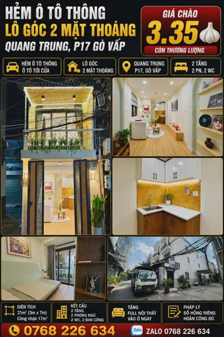 🏡 GẦN TÂN BÌNH 5 PHÚT, Ô TÔ TỚI CỬA, LÔ GÓC 2 MẶT THOÁNG, QUANG TRUNG P17 GÒ VẤP, 2 TẦNG 2PN, 
💰 3.35🧄 còn TL, 📱 Zalo 0768 226 634