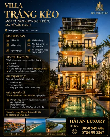 Bán Villa Trảng Kèo Hội An | 137m² | 4 Tầng | 7PN | Có Dòng Tiền Vận Hành