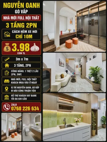 NGUYỄN OANH, GÒ VẤP, CÁCH HẺM XE HƠI 10M, NHÀ MỚI FULL NỘI THẤT, 3 TẦNG 2PN, 💰3.98🧄, 📱0768 226 634