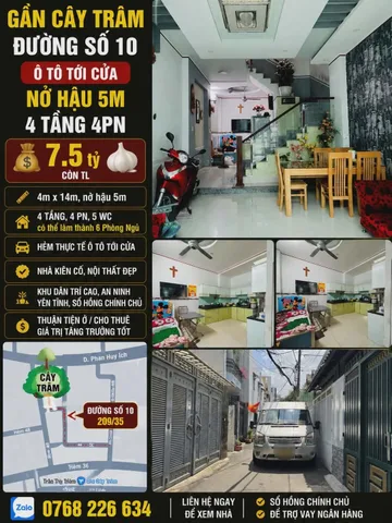 🏡 GẦN CÂY TRÂM, ĐƯỜNG SỐ 10, Ô TÔ TỚI CỬA, NỞ HẬU 5M, 4 TẦNG 4PN, 💰7.5🧄, 📱0768 226 634