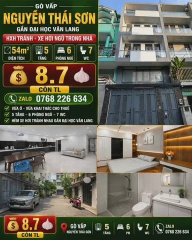 🍀 GÒ VẤP NGUYỄN THÁI SƠN GẦN ĐH VĂN LANG HXH TRÁNH 54M² 5 TẦNG 6PN 💰8🧄7 📱0768 226 634
💰 8🧄7 còn TL