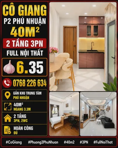 🍀 CÔ GIANG P2 PHÚ NHUẬN 40M² 3PN FULL NỘI THẤT 💰6🧄3 TL 📱0768 226 634
🌿 Gần khu trung tâm Phú Nhuận