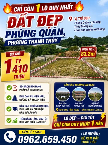 CHỈ CÒN 1 LÔ DUY NHẤT – ĐẤT ĐẸP PHÙNG QUÁN, PHƯỜNG THANH THỦY 🔥