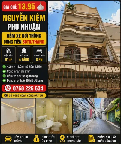 NGUYỄN KIỆM, PHÚ NHUẬN, HẺM XE HƠI THÔNG, DÒNG TIỀN 30TR THÁNG, 91M², 4 TẦNG, 8PN 💰13.95🧄