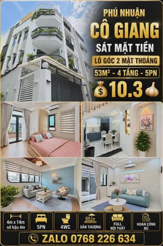 🍀 PHÚ NHUẬN, CÔ GIANG, SÁT MẶT TIỀN, LÔ GÓC 2 MẶT THOÁNG, 53M², 4T, 5PN 💰10.3🧄
📱 Zalo 0768 226 634