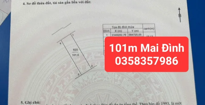 Bán đất Mai Đình DT 101m,MT 5.3m
Giá bán 4 tỷ 800 triệu