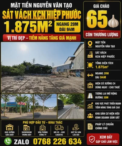 🔥 MẶT TIỀN NGUYỄN VĂN TẠO, SÁT VÁCH KCN HIỆP PHƯỚC, 1.875M², NGANG 20M 💰65🧄