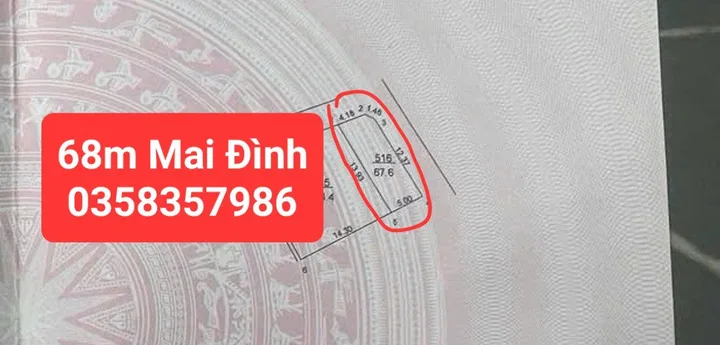 Bán đất Mai Đình DT 68m vuông,MT 5.64m,giá bán 4 tỷ 400 triệu