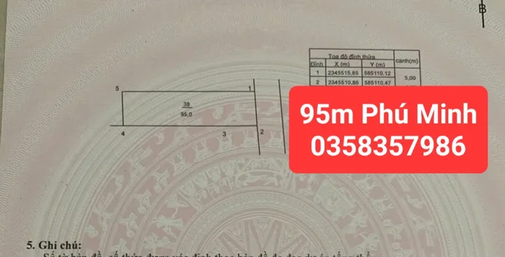 Bán đất Phú Minh DT 95m vuông,MT 5m full thổ cư,giá bán 3 tỷ 950 triệu
