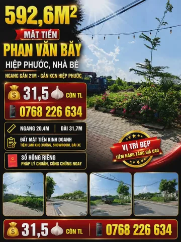 592,6m² mặt tiền Phan Văn Bảy, Hiệp Phước, Nhà Bè. Ngang gần 21m. Gần KCN Hiệp Phước.

💰 31,5 🧄 Còn TL

📱 0768 226 634