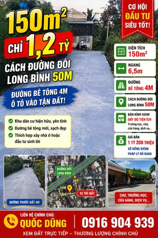 🏡 CHỈ 1,2 TỶ SỞ HỮU NGAY LÔ ĐẤT 150M² GẦN ĐƯỜNG ĐÔI LONG BÌNH!