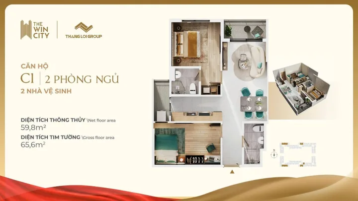 Căn hộ 2PN 2WC 65,6m2 hiếm hoi ban công riêng - logia riêng, giá dưới 2tỷ