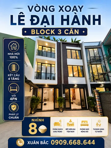VÒNG XOAY LÊ ĐẠI HÀNH - ĐH VĂN HIẾN 
NHÀ MỚI - BLOCK 3 CĂN 
KẾT CẤU 4 TÂNG BTCT CÓ THANG MÁY