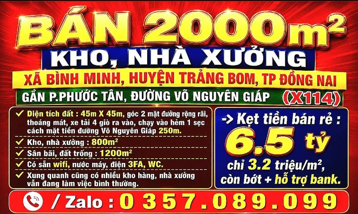 BÁN 2000m2 KHO, NHÀ XƯỞNG XÃ BÌNH MINH, TRẢNG BOM, ĐỒNG NAI GẦN P.PHƯỚC TÂN, ĐƯỜNG VÕ NGUYÊN GIÁP