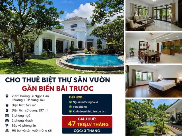 CHO THUÊ BIỆT THỰ SÂN VƯỜN - 625M2 GẦN BIỂN BÃI TRƯỚC - GIÁ 47 TRIỆU/THÁNG