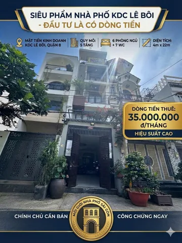 MẶT TIỀN KD KDC LÊ BÔI, P. BÌNH ĐÔNG, QUẬN 8, 5 TẦNG, 90M2, DÒNG TIỀN 35TR/THÁNG, SHR