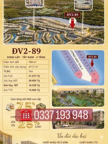 Bán căn biệt thự song lập 184m2 DV2-89 khu Đảo Vua Vinhomes Vũ Yên Hải Phòng.