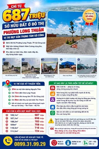 CẦN BÁN GẤP ĐẤT ĐÔ THỊ LONG THUẬN, GÒ CÔNG, GIÁ CHƯA ĐẾN 700 TRIỆU