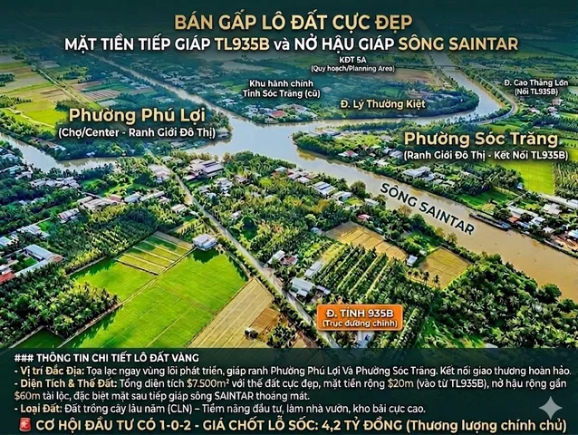 Đất vip 2 mặt tiền tỉnh lộ và sông lớn giáp ranh 2 phường Phú Lợi và Sóc Trăng