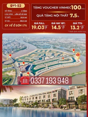 Bán căn liền kề 153m2 view biển DV1-52 khu Đảo Vua Vinhomes Vũ Yên Hải Phòng.