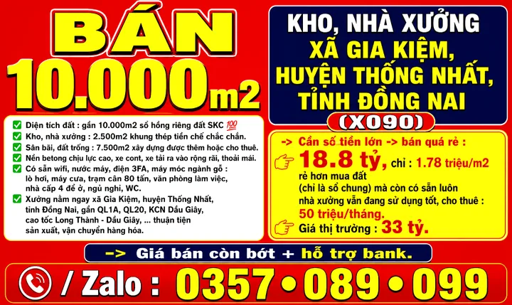 BÁN RẺ 10000m2 KHO, NHÀ XƯỞNG XÃ GIA KIỆM, HUYỆN THỐNG NHẤT, TỈNH ĐỒNG NAI, GẦN QL1A, QL20