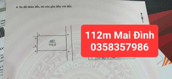 Bán đất Mai Đình DT 112m vuông,MT 8.07m full thổ cư Giá bán 3 tỷ 430 triệu