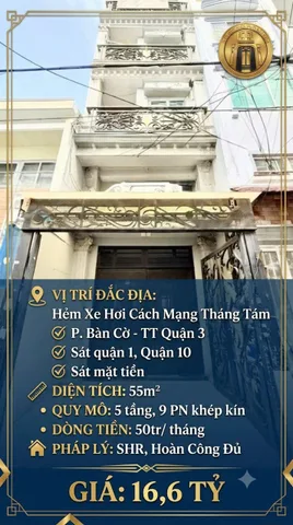 QUẬN 3, HẺM XE HƠI, NHÀ 5 TẦNG, 9 PN KHÉP KÍN, DÒNG TIỀN 50TR/ THÁNG, SÁT Q.1, SHR, HOÀN CÔNG ĐỦ
