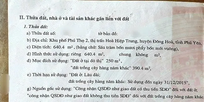 🔥 BÁN ĐẤT TRUNG TÂM HÒA HIỆP TRUNG – PHÚ YÊN 🔥
📍 Khu phố Phú Thọ 2, thị trấn Hòa Hiệp Trung, huyện Đông Hòa, Phú Yên.
✅ Diện tích: 640,4m² ✅ Thổ cư (đất ở đô thị): 250m² ✅ Đất trồng cây hàng năm khác: 390,4m² ✅ Pháp lý rõ ràng, sổ