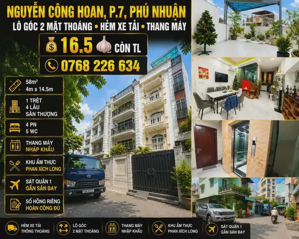 NGUYỄN CÔNG HOAN, P.7, PHÚ NHUẬN. LÔ GÓC HX TẢI. THANG MÁY. 💰16.5🧄 CÒN TL. 📱0768 226 634