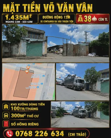 MẶT TIỀN VÕ VĂN VÂN, TÂN VĨNH LỘC, BÌNH CHÁNH. 1.435M². KHO XƯỞNG DÒNG TIỀN 100TR/THÁNG. 💰38🧄 CÒN TL. 📱0768 226 634