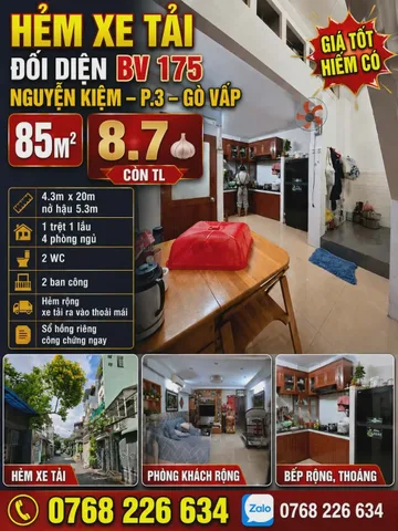 HẺM XE TẢI. ĐỐI DIỆN BV 175. NGUYỄN KIỆM, P.3, GÒ VẤP. 85M². 💰 8.7 🧄 CÒN TL. 📱 0768 226 634