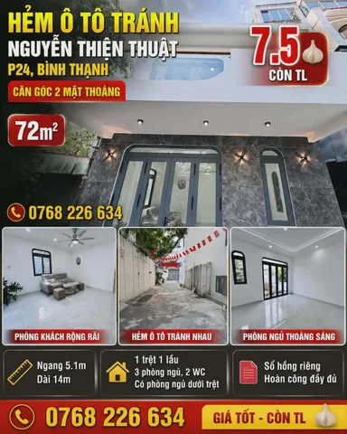HẺM Ô TÔ TRÁNH NGUYỄN THIỆN THUẬT, P24, BÌNH THẠNH. CĂN GÓC 2 MẶT THOÁNG. 72M². 💰 7.5🧄 CÒN TL. 📱 0768 226 634