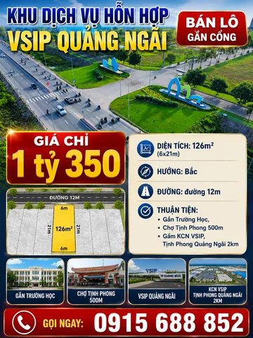 Khu dịch vụ hỗn hợp VSIP Quảng Ngãi]☀️BÁN LÔ GẦN CỔNG ❤𝐆𝐢á: 1 tỷ 350