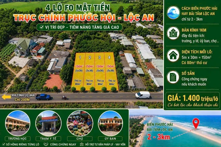 4 lô f0 mặt tiền trục chính Phước Hội - Lộc An
Cách biển Phước Hải hay bãi tắm Lộc An tầm 2-3km, ra tỉnh lộ 44A chỉ 200m.