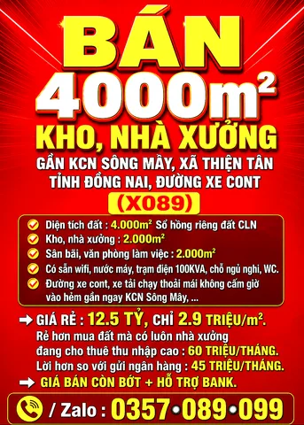 BÁN RẺ 4000m2 KHO, NHÀ XƯỞNG THIỆN TÂN, TP ĐỒNG NAI GẦN KCN SÔNG MÂY, SỔ HỒNG RIÊNG