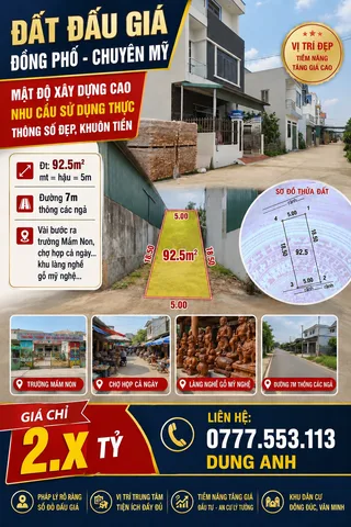 ĐẤU GIÁ CHUYÊN MỸ, MẬT ĐỘ XÂY DỰNG CAO, NHU CẦU Ở THỰC, DT 92.5M, ĐƯỜNG 7M THÔNG, 2.7TỶ