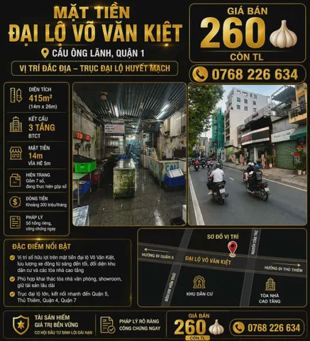 415M² MẶT TIỀN ĐẠI LỘ VÕ VĂN KIỆT, CẦU ÔNG LÃNH, QUẬN 1. 💰260🧄 CÒN TL
💰 260🧄 CÒN TL
📱 0768 226 634