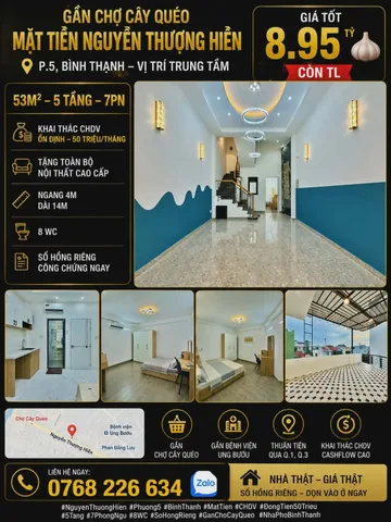 GẦN CHỢ CÂY QUÉO. MẶT TIỀN NGUYỄN THƯỢNG HIỀN, P.5, BÌNH THẠNH. 53M². 5T. 7PN. 💰 8.95 🧄 CÒN TL. 📱 0768 226 634