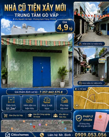 🔥 BÁN NHÀ HẺM NGUYỄN VĂN NGHI – GÒ VẤP
💰 Giá chỉ 4,9 tỷ | 📐 Diện tích 51,2m² | 📄 Sổ hồng riêng