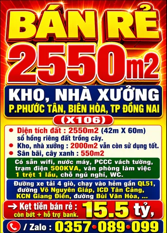 BÁN RẺ 2550m2 KHO, NHÀ XƯỞNG P.PHƯỚC TÂN, BIÊN HÒA, TP ĐỒNG NAI, GẦN QL51, ICD TÂN CẢNG